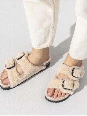 Birkenstock Arizona Big Buckle Shearling Slide Sandal “Teddy Eggshell” Size 41